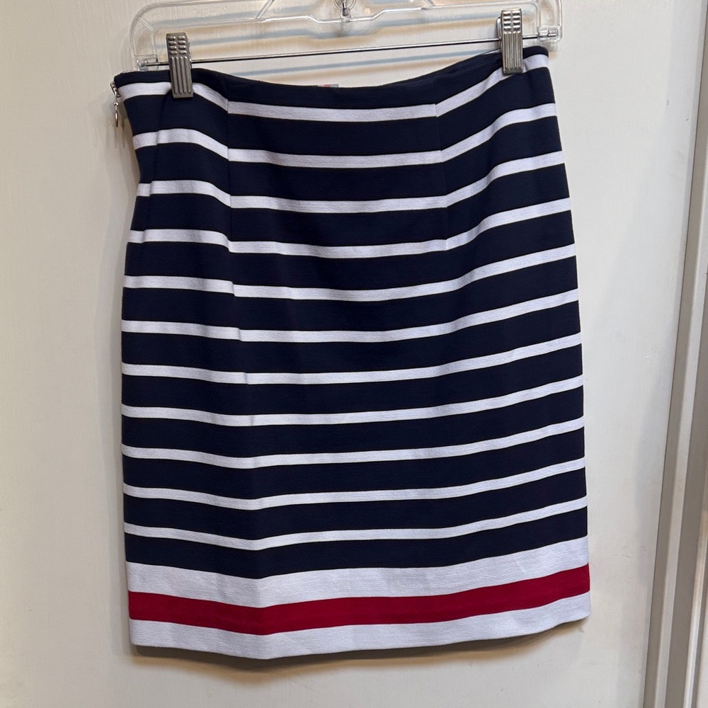 Banana Republic Navy and White Striped Pencil Skirt with Red Detail